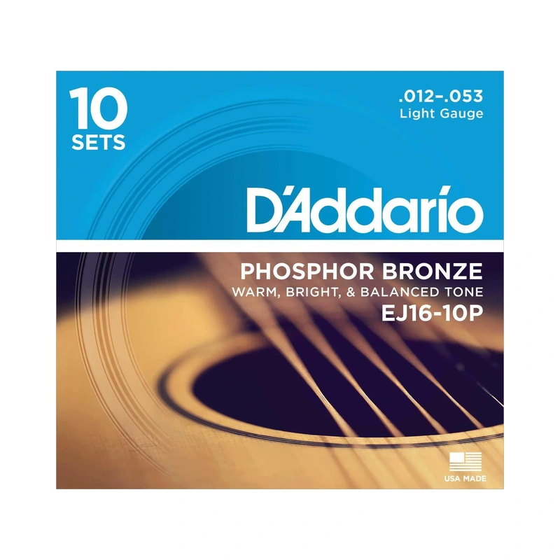D'Addario EJ16-10P Phosphor Bronze Light Gauge Acoustic Guitar Strings, Ten Pack