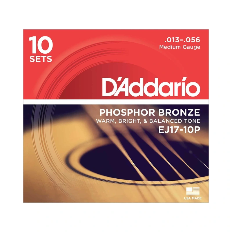 D'Addario EJ17-10P Phosphor Bronze Medium Gauge Acoustic Guitar Strings, Ten Pack