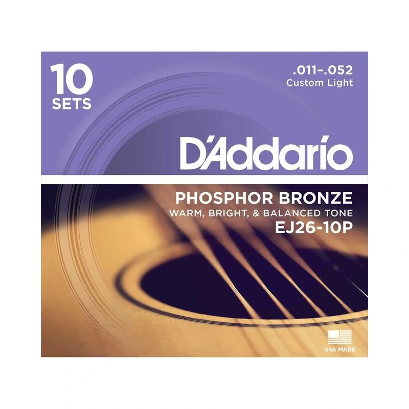 D'Addario EJ26-10P Phosphor Bronze Custom Light Gauge Acoustic Guitar Strings, Ten Pack