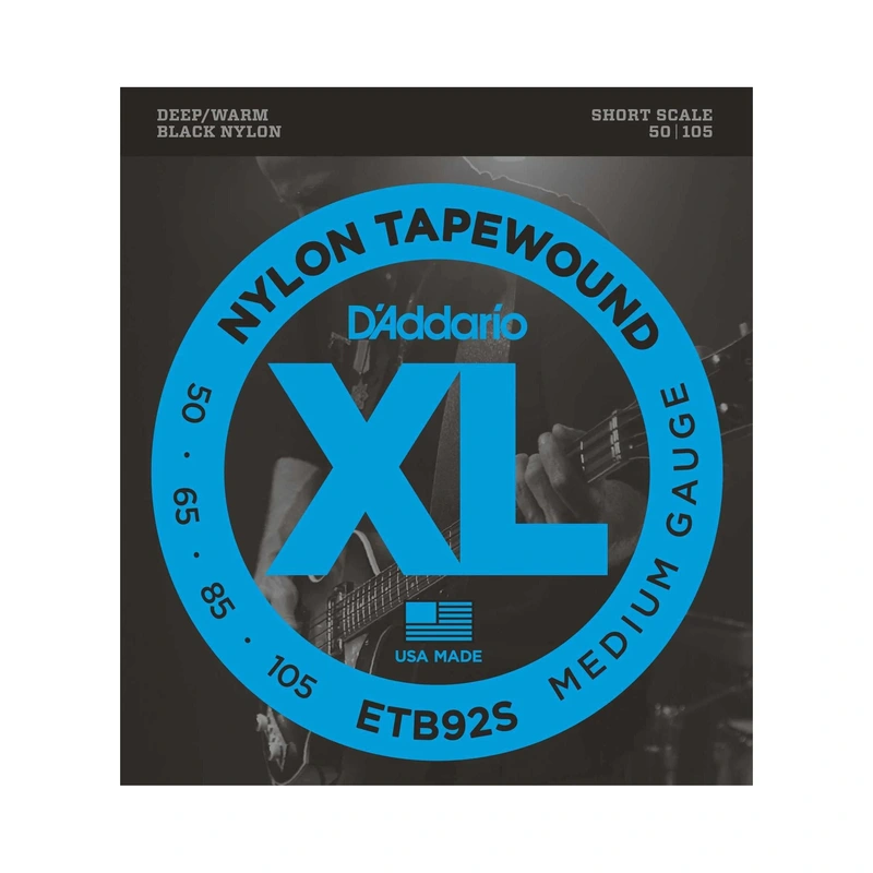 D'Addario ETB92S Black Nylon Tapewound Medium Gauge Electric Bass Strings, Short Scale