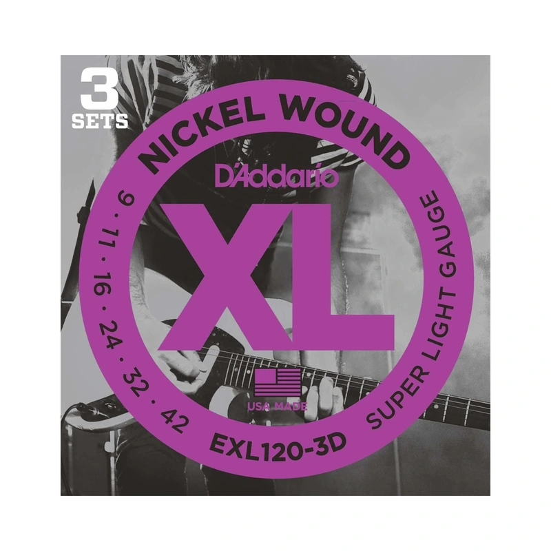 D'Addario EXL120-3D XL Nickel Round Wound Super Light Gauge Electric Guitar Strings, Three Pack