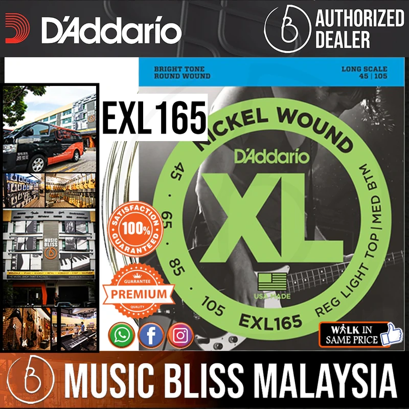 D'Addario EXL165 Regular Light Top/ Medium Bottom Nickel Wound Long Scale Bass Strings - .045-.105