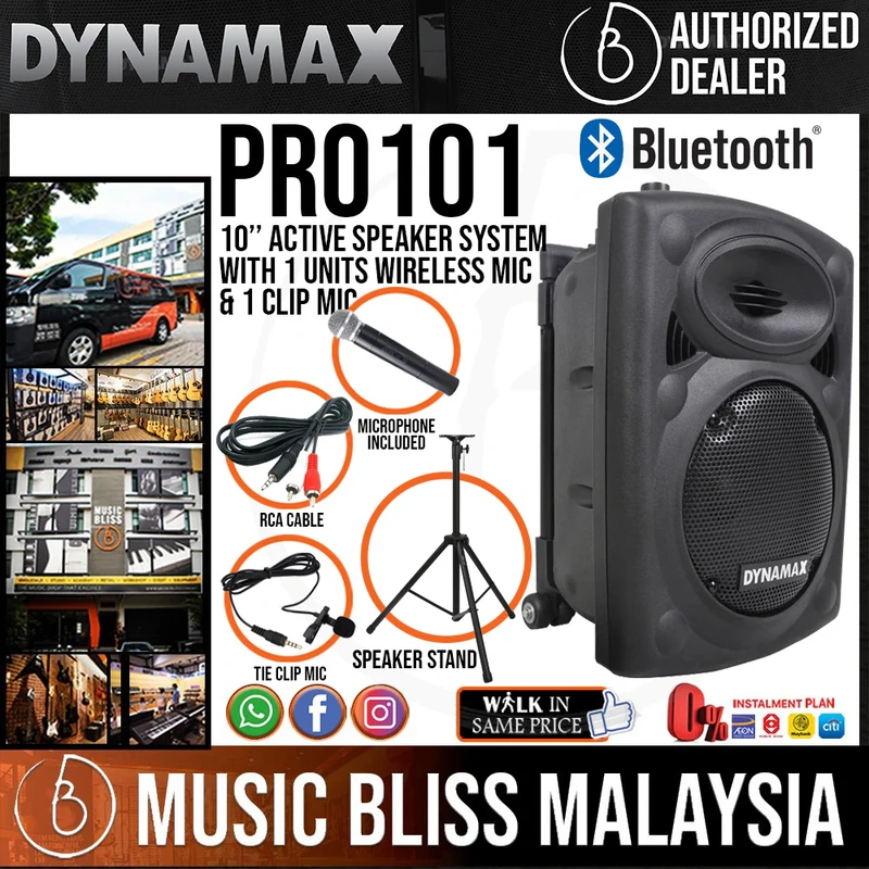Dynamax PRO101CF 10" Active Speaker with USB, Bluetooth, 1 Handheld Microphone and 1 Clip Mic