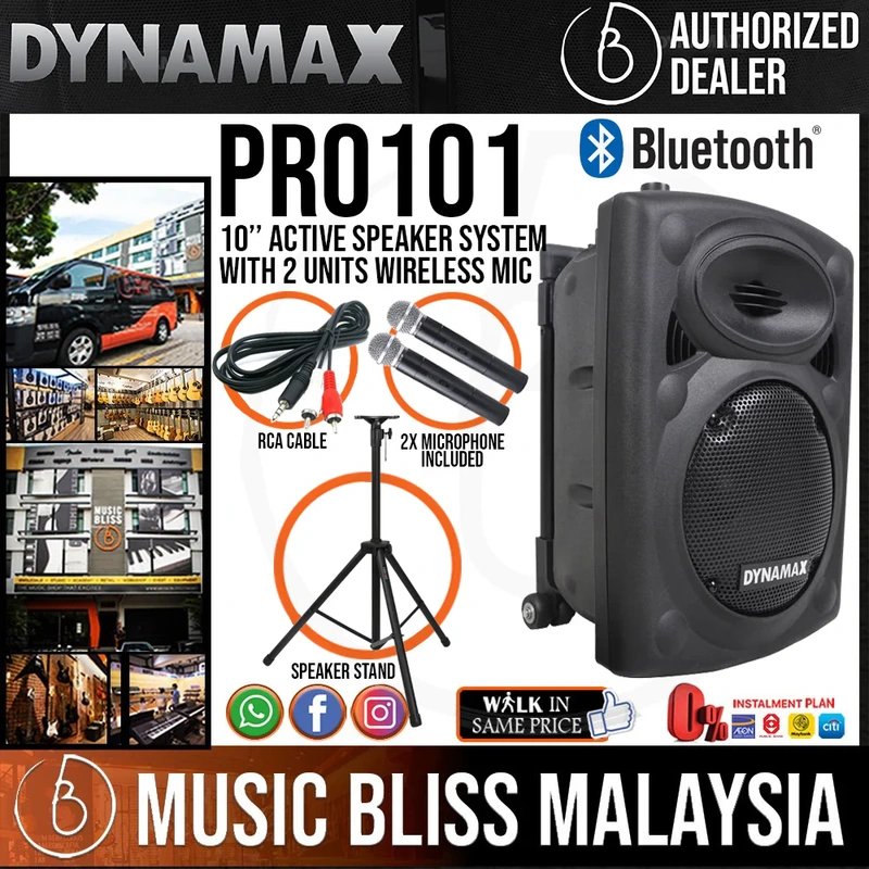 Dynamax PRO101D 10" Active Speaker with USB, Bluetooth and 2 x Handheld Microphone