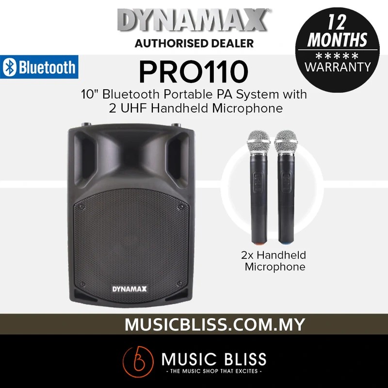 Dynamax PRO110 10" Bluetooth Portable PA System with 2 UHF Handheld Microphone