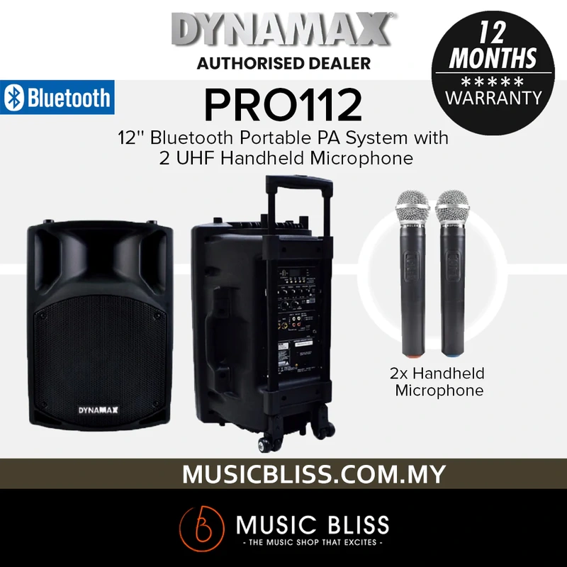 Dynamax PRO112 12'' Bluetooth Portable PA System with 2 UHF Handheld Microphone