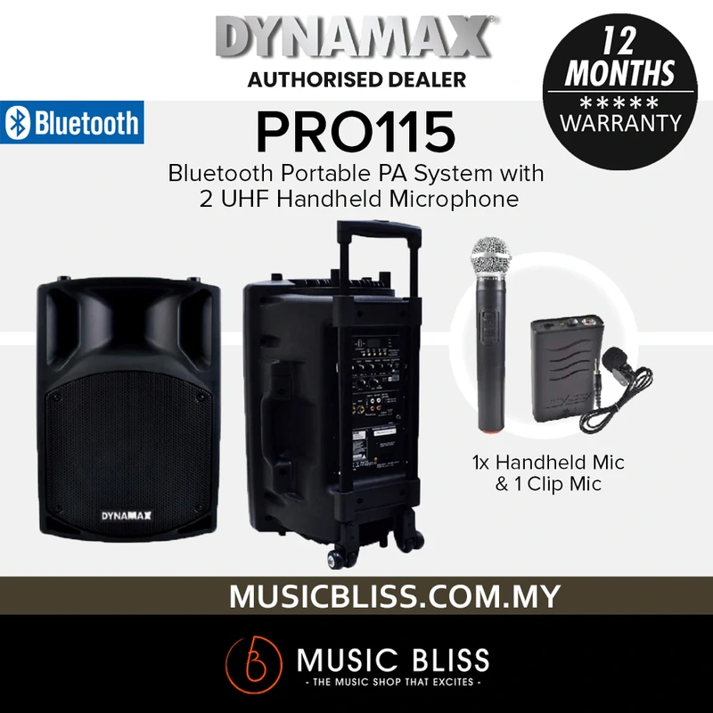 Dynamax PRO115 15" Bluetooth Portable PA System with 1 UHF Handheld Microphone and 1 Clip Mic