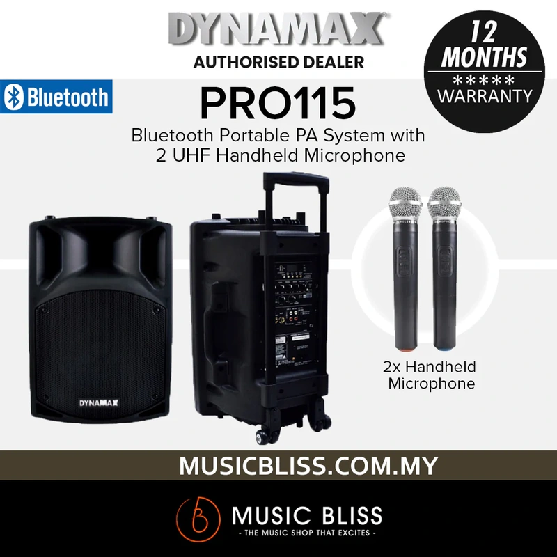 Dynamax PRO115 15" Bluetooth Portable PA System with 2 UHF Handheld Microphone