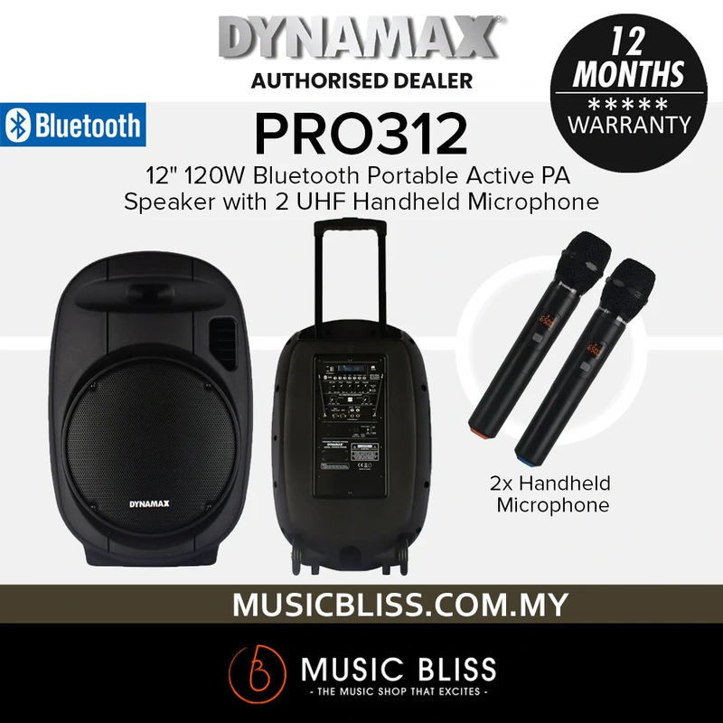 Dynamax PRO312 12" 120W Bluetooth Portable Active PA Speaker System with 2 UHF Handheld Microphone