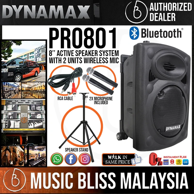 Dynamax PRO801C 8" Active Speaker with USB, Bluetooth and 2 x Handheld Microphone