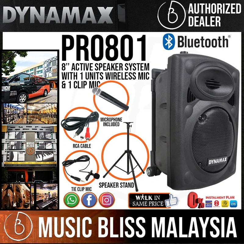 Dynamax PRO801CF 8" Active Speaker with USB, Bluetooth, 1 Handheld Microphone and 1 Clip Mic