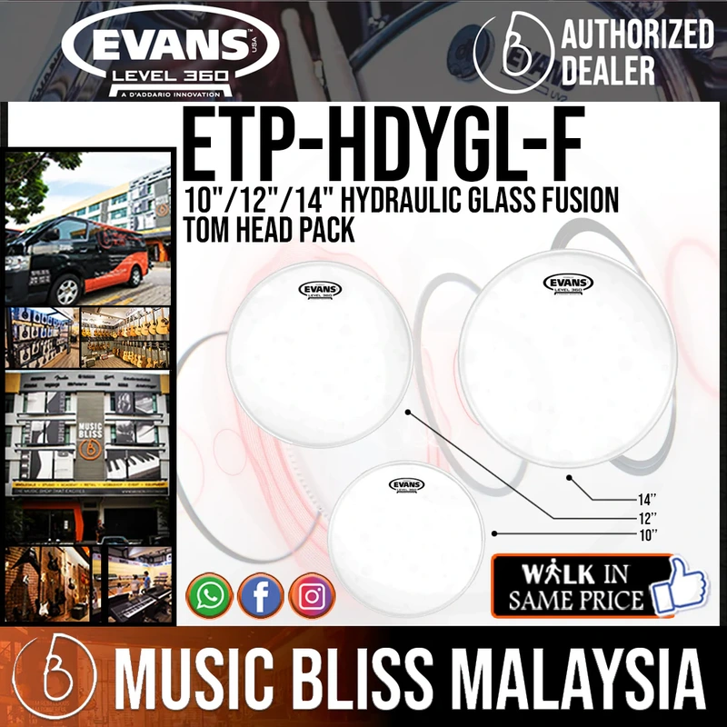 Evans ETP-HDYGL-F 10"/12"/14" Hydraulic Glass Fusion Tom Head Pack
