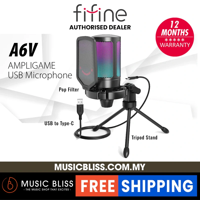 FIFINE A6V Gaming USB Microphone, FIFINE Condenser Mic with Quick Mute, RGB Indicator, Tripod Stand, Pop Filter, Shock Mount,  for PC, Playstation, Streaming Discord Twitch Podcasts Videos