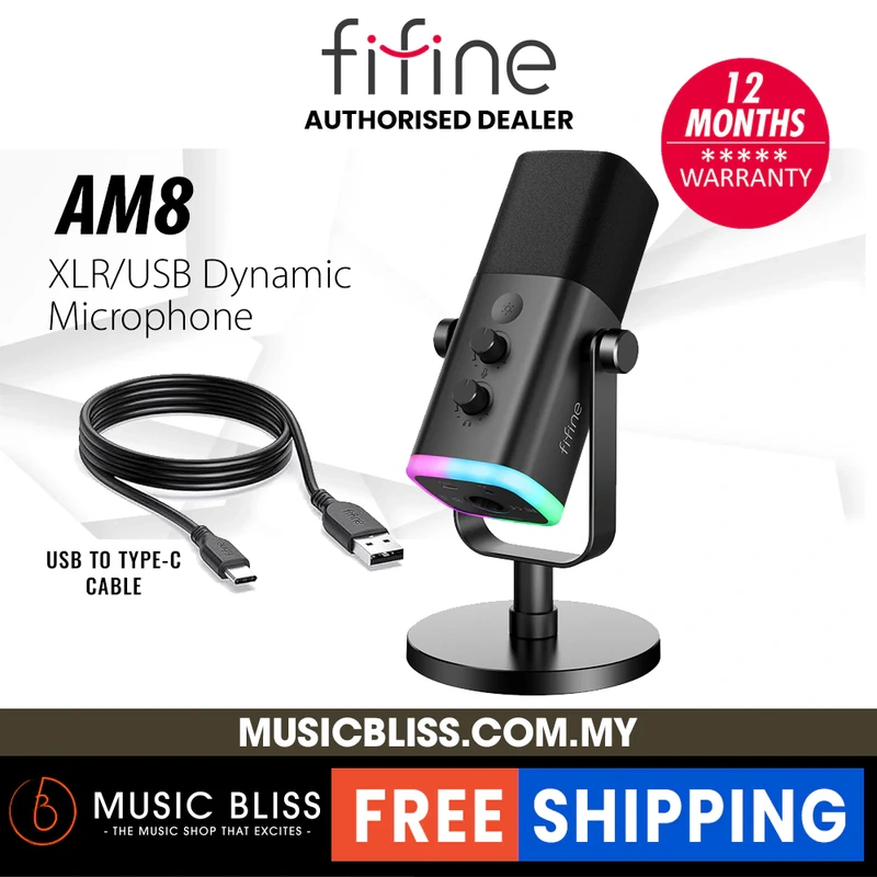 FIFINE AM8 XLR/USB Dynamic Microphone for Podcast Recording, PC Computer Gaming Streaming Mic with RGB Light, Mute Button, Headphones Jack, Desktop Stand, Vocal Mic for Singing YouTube-AmpliGame