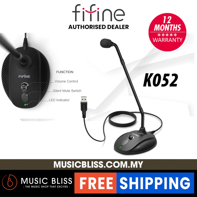 FIFINE K052 Computer Microphone, Fifine Desktop Gooseneck Microphone, Mute Button with LED Indicator, USB Microphone for Windows and Mac Ideal for Gaming Streaming YouTube Podcast