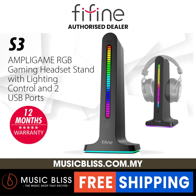 FIFINE S3 Gaming Headset Stand-RGB Headphones Stand Holder PC Computer Desktop Accessories with 2 USB Ports for Gamer, with Solid Base, Sound Light Sync, Light Control Keys (S-3)