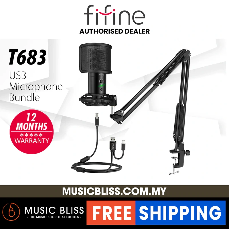 FIFINE T683 USB MICROPHONE BUNDLE WITH A MUTE BUTTON, A VOLUME DIAL & A MONITORING JACK FOR PC/MAC/MOBILE, USB Type A & Type C Connector.
