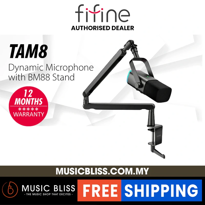 FIFINE TAM8 AmpliGame XLR/USB Dynamic Microphone with BM88 LOW-PROFILE MICROPHONE ARM STAND for Podcast Recording, with RGB Light, Mute Button, Headphones Jack