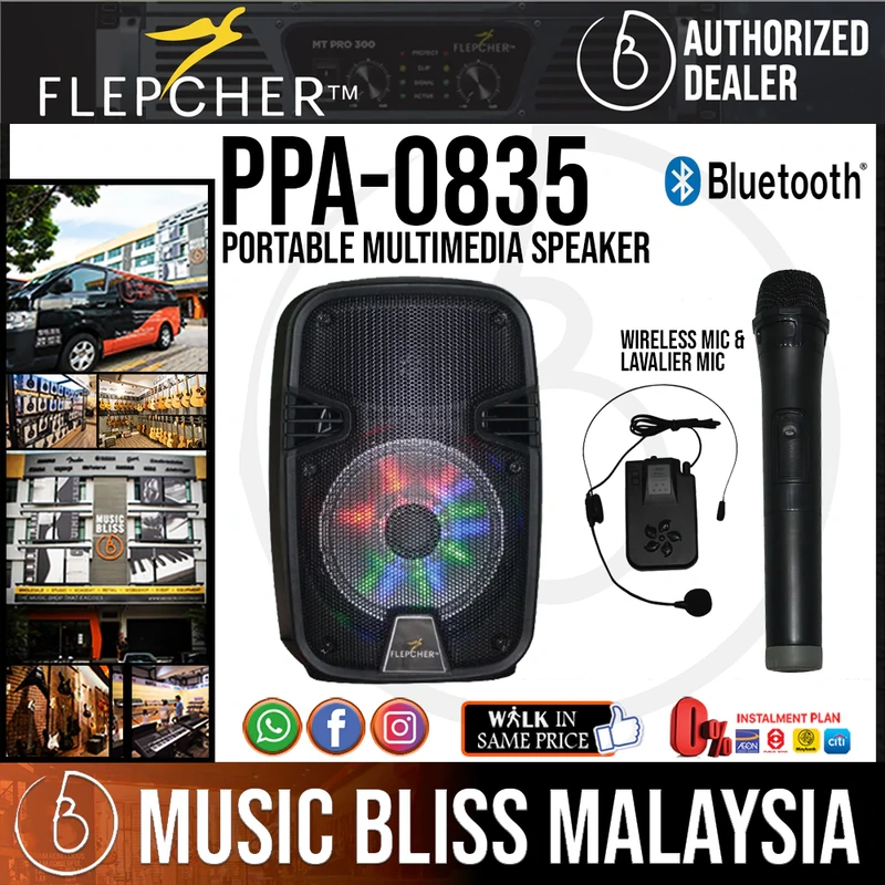 Flepcher PPA-0835 8'' 35-watt Portable PA System with 1 Wireless Microphone, 1 Lavalier Microphone