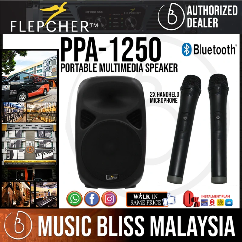 Flepcher PPA-1250 12'' 50-watt Portable PA System with 2 Wireless Microphone