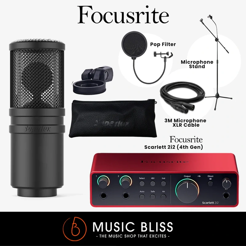Focusrite Scarlett 2i2 (4th Gen) with Superlux E205 Microphone, Free Mic Stand, XLR Mic Cable and Pop Filter for Studio Recording, Live Streaming, Podcast, Youtube, Twitch Streaming, Facebook Live (E-205)