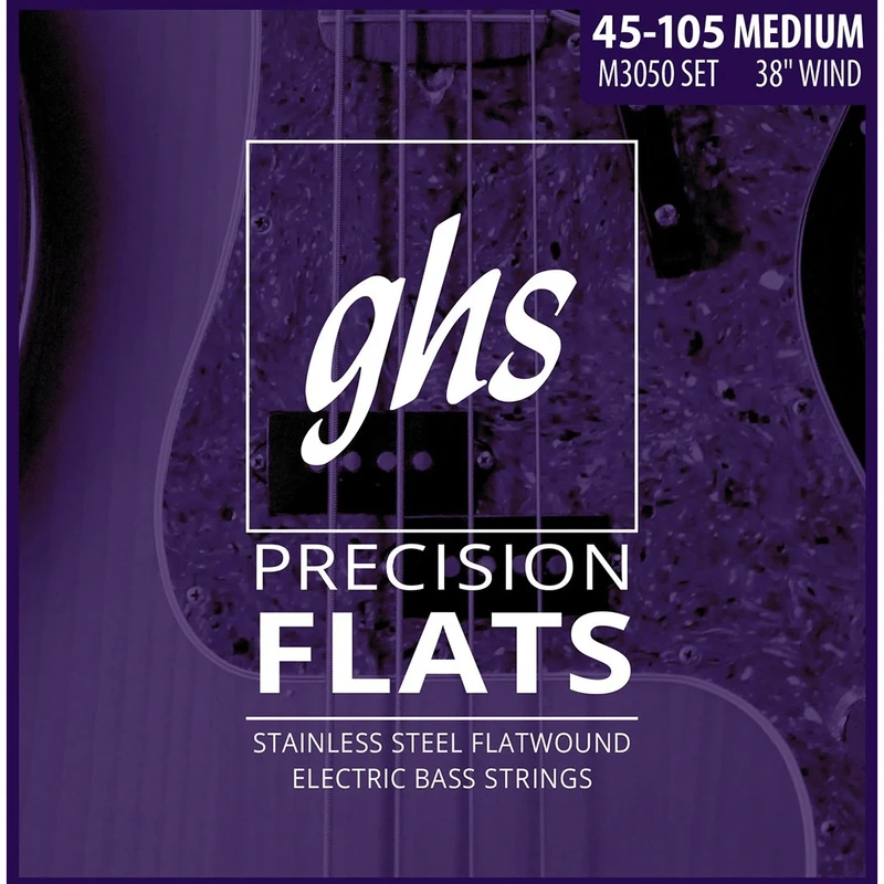 GHS M3050 Precision Flatwound Stainless Steel Medium Gauge Electric Bass Strings, Long Scale Plus