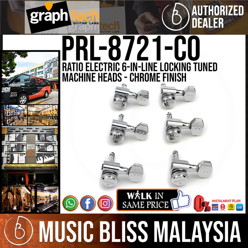 Graph Tech PRL-8721-C0 Ratio Electric 6-In-Line Locking Tuned Machine Heads - Mini Contemporary Style / Chrome - Machine Head for Fender & Other 6-In-Line Guitars