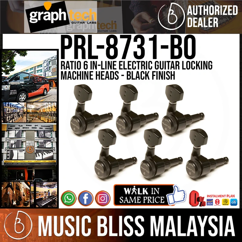 Graph Tech PRL-8731-B0 Ratio 6 In-Line Electric Guitar Locking Machine Heads - Classic Style / Black Finish - Machine Head for Fender & Other 6-In-Line Guitars
