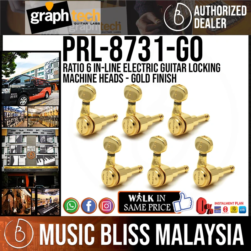Graph Tech PRL-8731-G0 Ratio Electric 6-In-Line Locking Tuned Machine Heads - Classic Style / Gold Finish - Machine Head for Fender & Other 6-In-Line Guitars