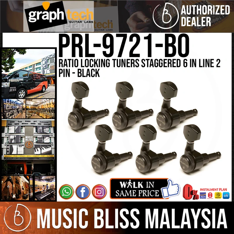 Graph Tech PRL-9721-B0 Ratio LOCKING TUNERS Staggered 6 In Line 2 Pin Black