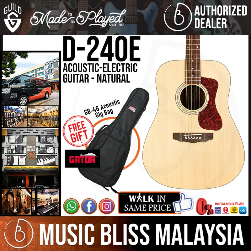 Guild D-240E Acoustic-Electric Guitar - Natural with Free Gator GB-4G Acoustic Guitar Bag