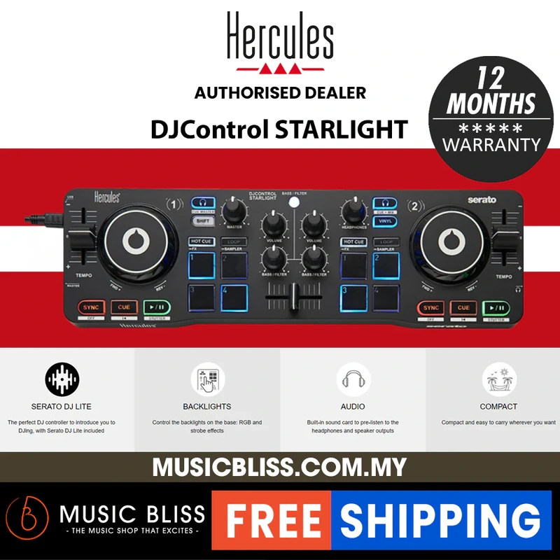 Hercules DJControl STARLIGHT with Serato DJ Lite Software | Illuminated base plate with RGB stroboscope, Virtual DJ Compatible with Excellent Jog Touch Detection, Seperated Deck & Bass/Filter Knob Installed