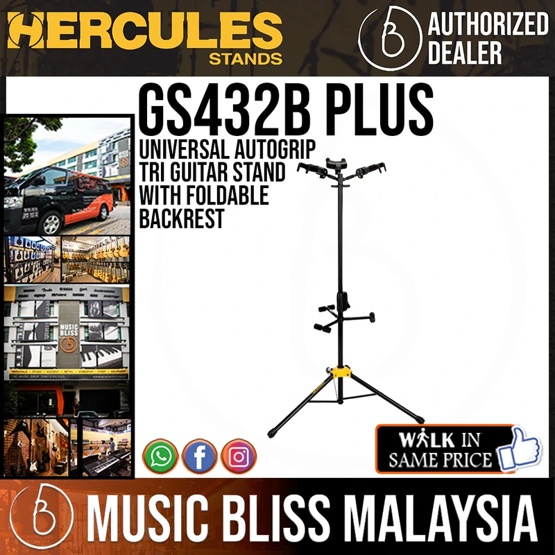 Hercules GS432B Plus Universal AutoGrip Tri Guitar Stand with Foldable Backrest
