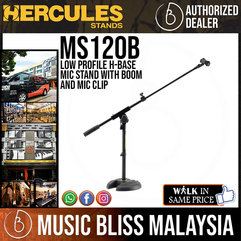 Hercules MS120B Low Profile H-Base Mic Stand with Boom and Mic Clip