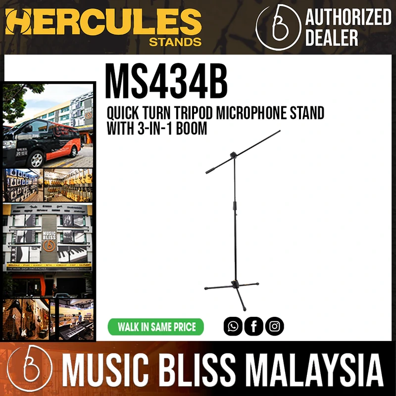 Hercules MS434B Quick Turn Tripod Microphone Stand with 3-in-1 Boom