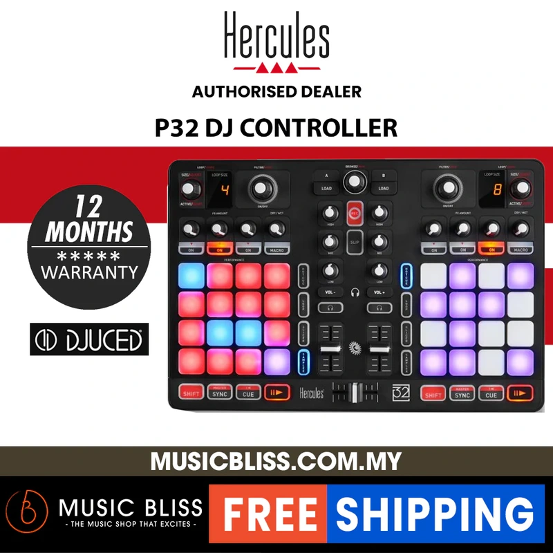 Hercules P32 DJ Compact USB DJ controller,32 high-performance touch pads, & Full DJ Software DJUCED included, Serato DJ Compatible