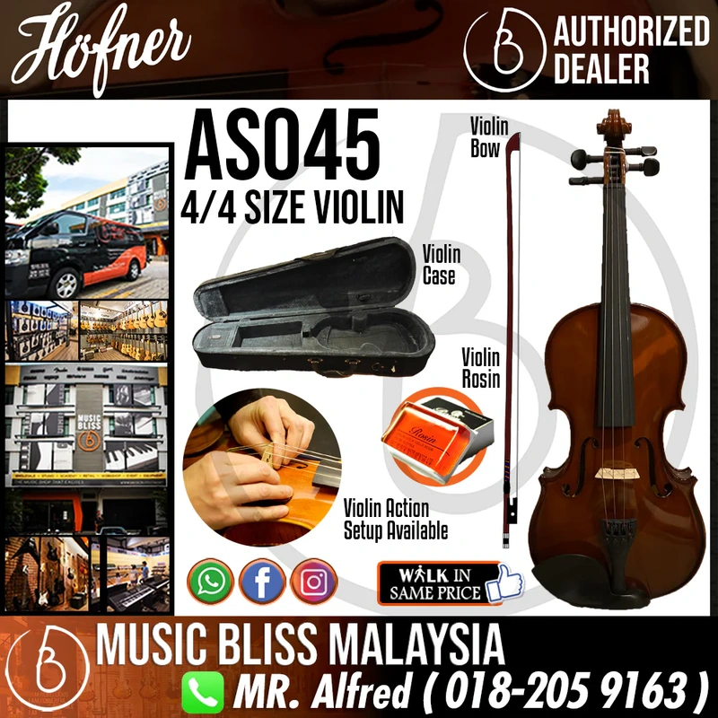 Hofner AS-045 4/4 Full Size Violin with Case for 12+ years old, Beginners and Music Students