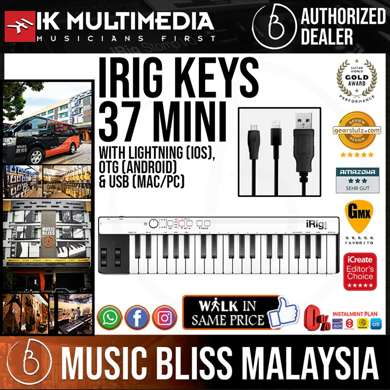 IK Multimedia Irig Keys 37 Mini-key with Lightning (IOS), OTG (Android) and USB (MAC/PC)