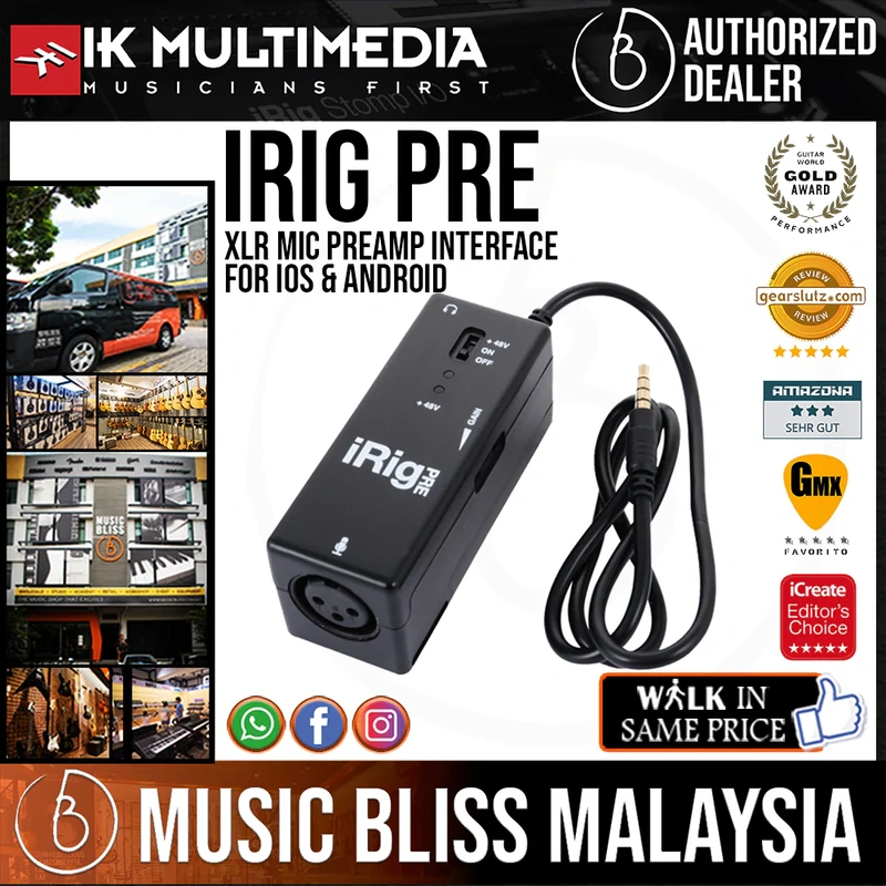 IK Multimedia iRig PRE XLR Microphone Preamp Interface for iOS and Android Devices