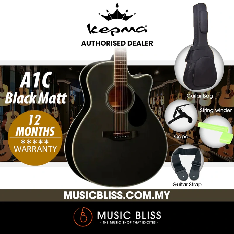 KEPMA A1C Grand Auditorium Acoustic Guitar - Black Matt