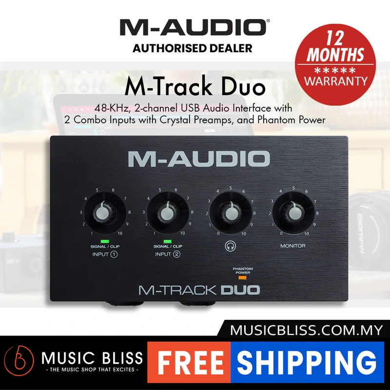 M-Audio M-Track Duo 2-Channel USB recording interface for Mac, PC & Mobile Phone with Crystal Preamps, 0 MS Latency, 24-bit / 48 kHz, for Recording, Music Production, Streaming and Podcasting with Dual XLR, Line & DI Inputs, Plus a Software Suite Included