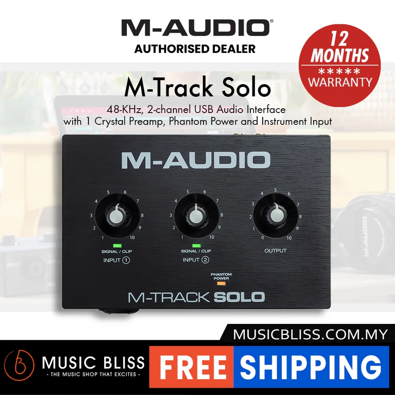 M-Audio M-Track Solo 2-Channel USB Audio Interface for Mac, PC & Mobile Phone with Crystal Preamp, 0 MS Latency, 16-bit / 48 kHz, for Recording, Music Production, Streaming and Podcasting with XLR, Line and DI Inputs, Plus a Software Suite Included