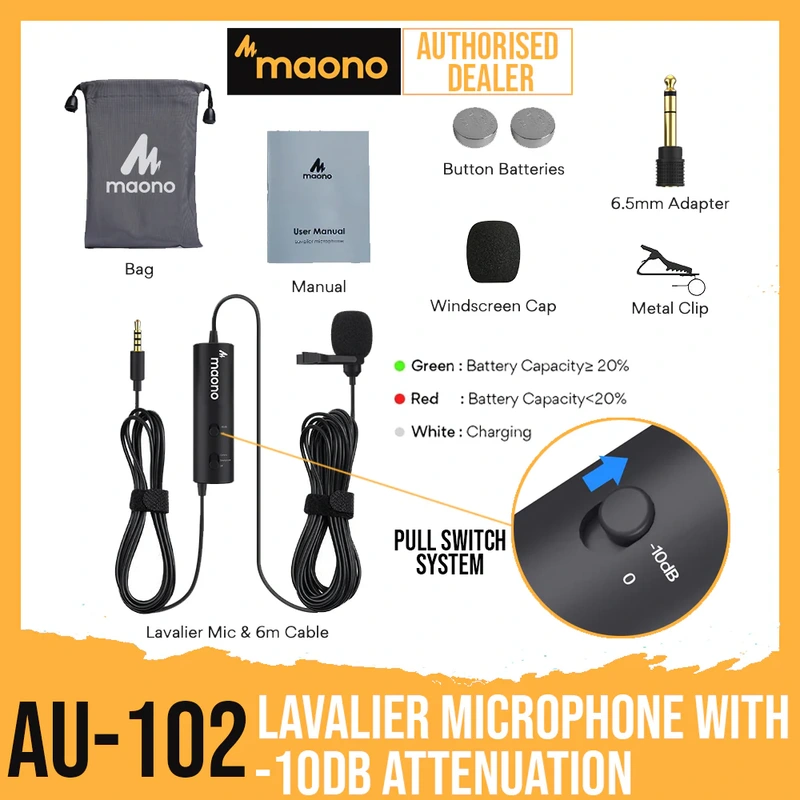 MAONO AU-102 Lavalier Microphone with -10db Attenuation