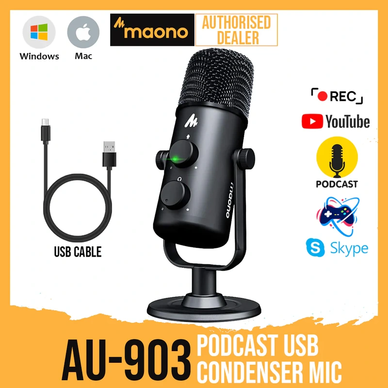 MAONO AU-903 Podcast USB Condenser Mic with Switchable Polar Patterns & Mute Button,Zero-Latency Monitoring,Plug and Play for Recording, YouTube, Podcast, Gaming, Skype