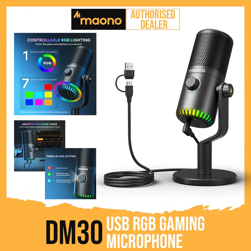 MAONO DM30 USB RGB Gaming Microphone Computer Mic with Mic Gain and RGB Lighting for PC/Phone/Recording/Live Streaming