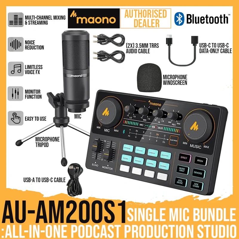 MAONO MAONOCASTER Lite AU-AM200S1 Single Mic Bundle: All-In-One Podcast Production Studio with 1x Large Diaphragm Mic