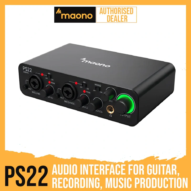 MAONO PS22 Black USB Audio interface for PC with 60 dB Pro-preamp, 24bit/192kHz, Dual USB interface for PC&Smartphone, Routing Software for Home Recording, Music Production, Guitar, Podcast, Streaming
