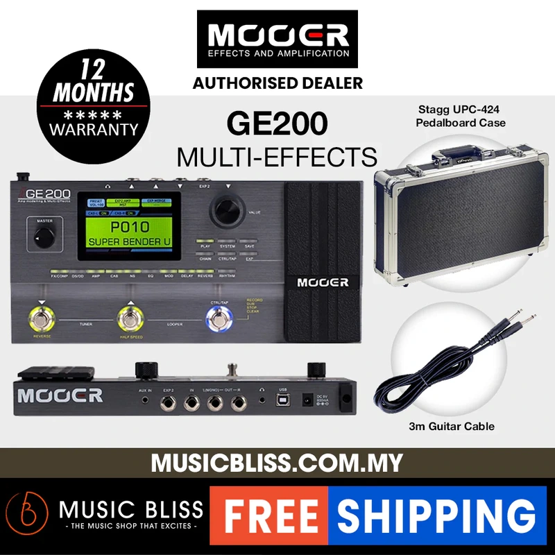 Mooer GE200 Multi Effects Pedal with Stagg UPC-424 ABS Pedal Board Case and Cable