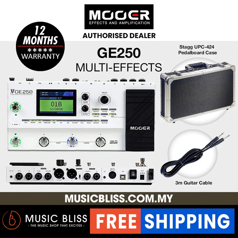 Mooer GE250 Guitar Amp Modelling and Multi Effects Pedal with Stagg UPC-424 ABS Pedal Board Case and Cable