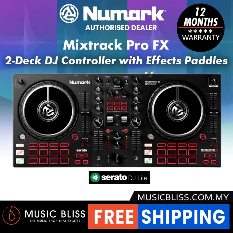 Numark Mixtrack Pro FX  2 Deck DJ Controller For Serato DJ with DJ Mixer, Built-in Audio Interface, Capacitive Touch Jog Wheels and FX Paddles